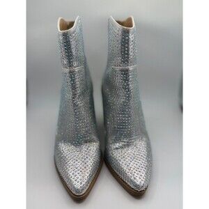 Silver Rhinestone Pointed Toe Ankle Boots Block Heel Size 5.5